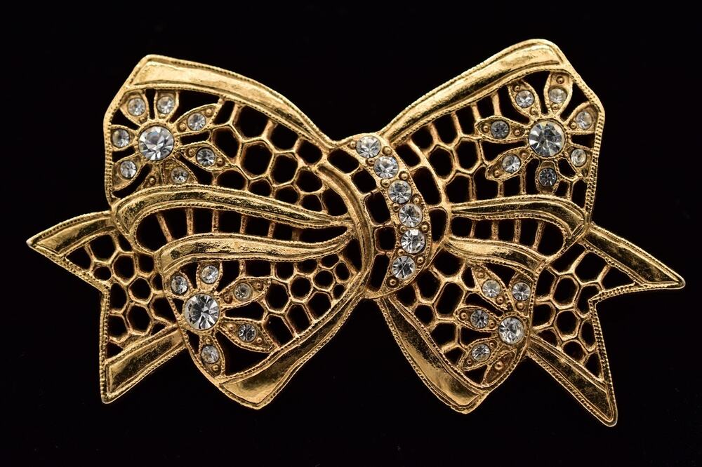 1928 Vintage Floral Bow Pin Brooch Rhinestone Crystal Antiqued Gold 1980s BinBP
